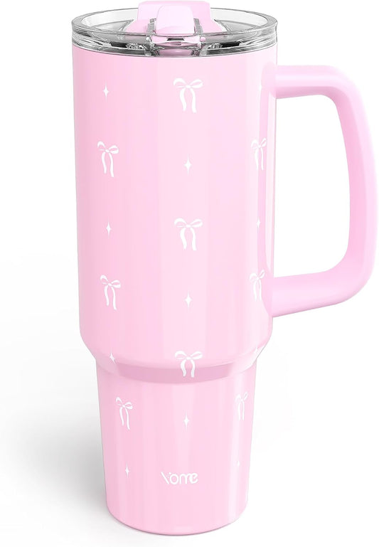 YOME 40 oz Bow Pink Tumbler with Handle and Flip Straw for Women | Stainless Steel Insulated Water Bottle | Keeps Drinks Cold | Dishwasher Safe | Cupholder Friendly | Gift Gym Travel Yoga