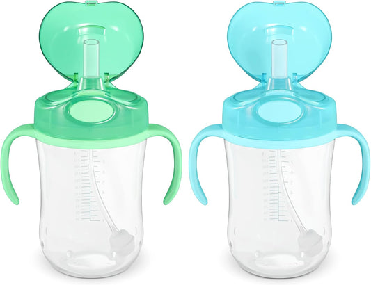 Amazon Basics Spill Proof Dishwasher Safe Silicone Weighted Straw Sippy Cup with Removable Handles, BPA Free, 9 Ounces, Blue/Green, Pack of 2 (Previously Mama Bear)
