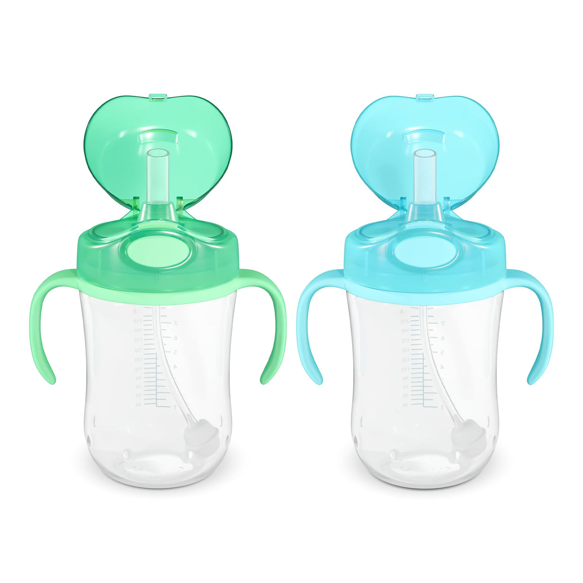 Amazon Basics Spill Proof Dishwasher Safe Silicone Weighted Straw Sippy Cup with Removable Handles, BPA Free, 9 Ounces, Blue/Green, Pack of 2 (Previously Mama Bear)