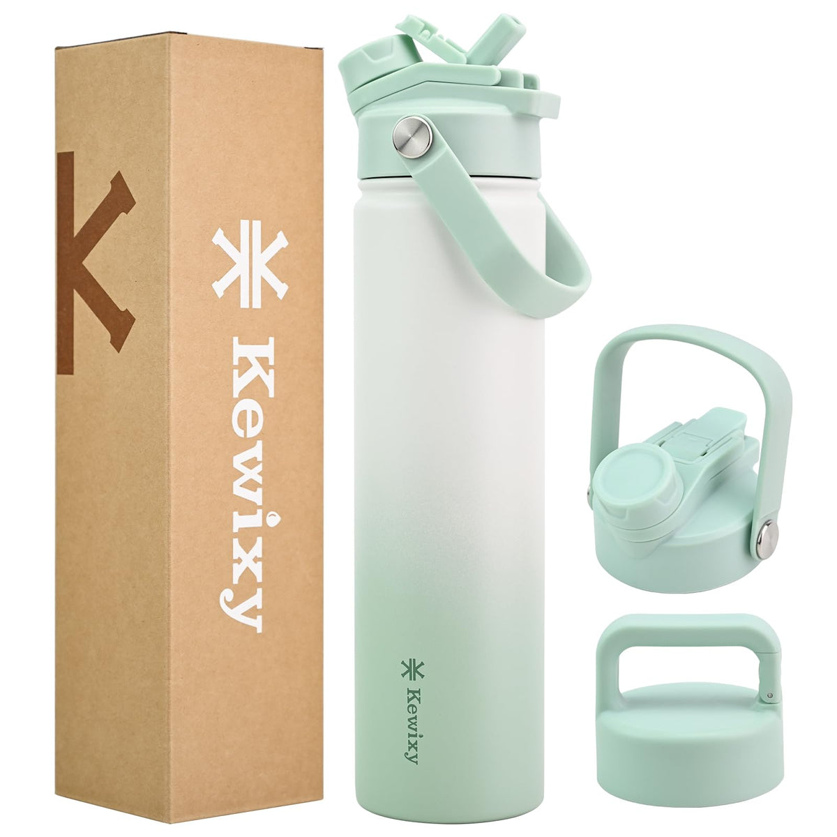 24 oz Insulated Water Bottle, 2-in-1 Lid, Straw & Spout with Protected, Leak Proof, Keep Cold 24H, Cup Holder Fit, Stainless Steel, Metal, Reusable, for Travel, Gym and School, 2 Lids, Midnight Black