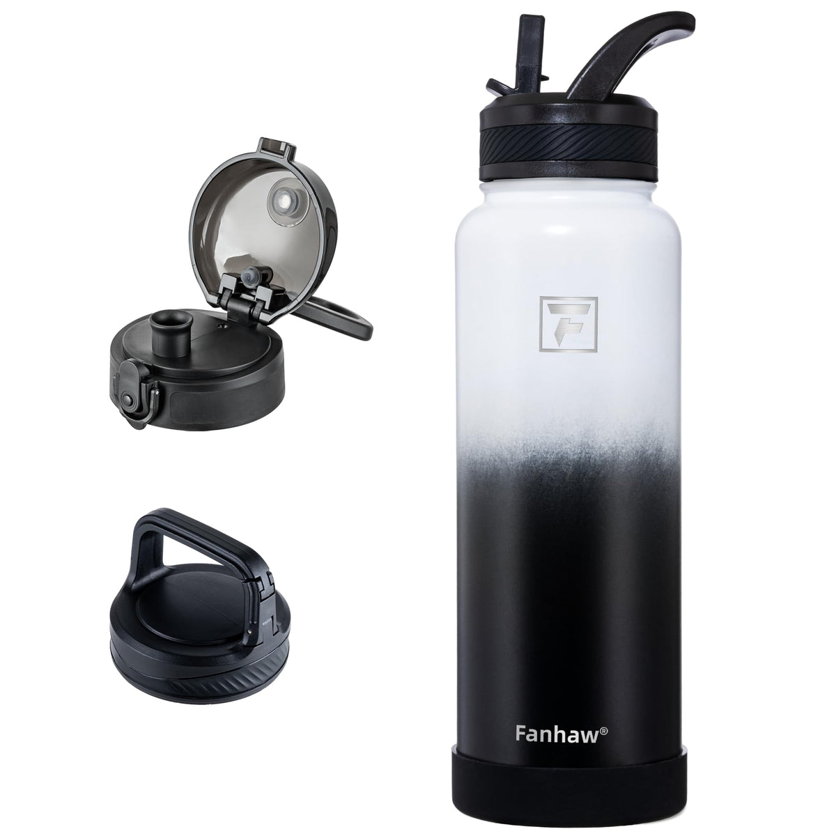 Fanhaw 32 oz Insulated Water Bottle – Portable Stainless Steel Flask with 3 Lids (Straw, Chug, Carabiner) | Leakproof, for Gym, Hiking, Work, Travel & Everyday Use (Black)