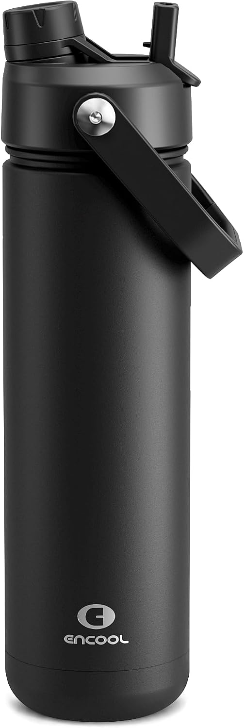 ENCOOL Insulated Water Bottle with Straw Stainless Steel Water Bottle, Leak-Proof, BPA-Free, Double Wall Vacuum Keeps Cold for 24 Hours for Sports, Travel, School (26 oz, Black Night)