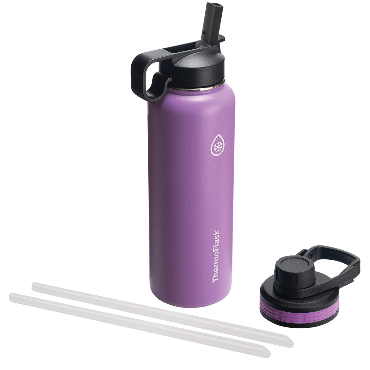 ThermoFlask 24 oz Double Wall Vacuum Insulated Stainless Steel Water Bottle - Reusable with Leakproof Chug & Straw Lids - Keeps Drinks Cold 24 hr/Hot 12 hr - Easy Maintenance - Gym/On-the-Go, Plum