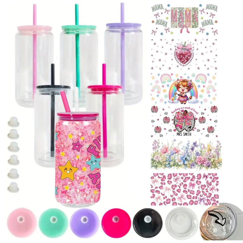 14pcs 16oz Reusable Leak-Proof Double-Wall Acrylic Snow Globe Tumbler Set - 6 Cups, 8 Mix Stickers, DIY Glitter-Filled Plastic Jars, Pre-Drilled for UV DTF Wraps, Insulated Straw Cups, Portable, Washable, Holiday Gifts