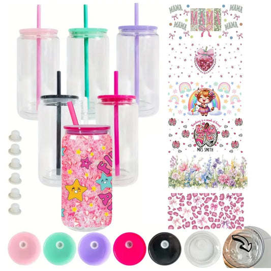 14pcs 16oz Reusable Leak-Proof Double-Wall Acrylic Snow Globe Tumbler Set - 6 Cups, 8 Mix Stickers, DIY Glitter-Filled Plastic Jars, Pre-Drilled for UV DTF Wraps, Insulated Straw Cups, Portable, Washable, Holiday Gifts
