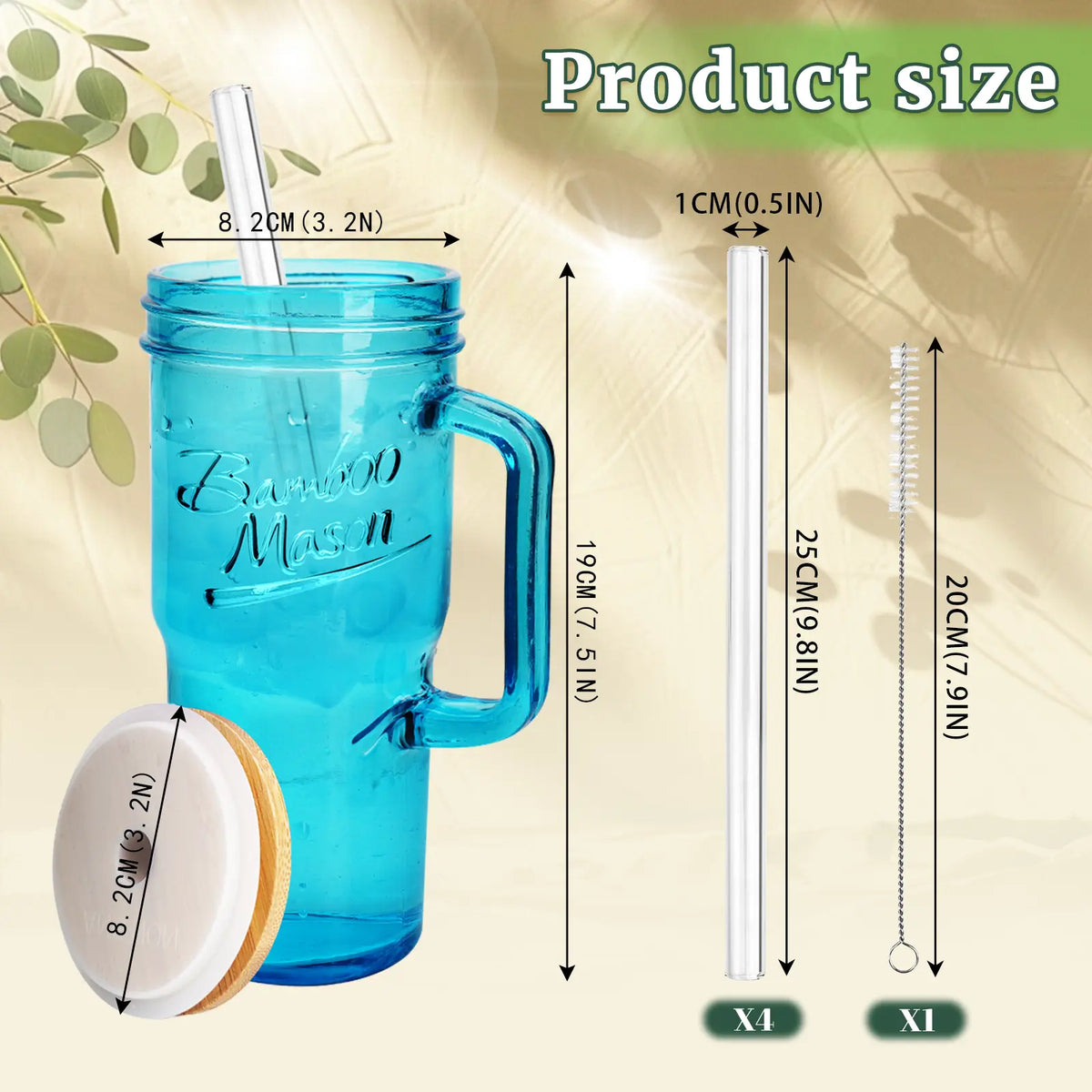 ANOTION  24oz Colored Glass Cups with Lids and Straws with Handle  -Tumbler Coffee Cups Mason Jar Coffee Bar Accessories Springtok  Bamboo Drinkware Bottles