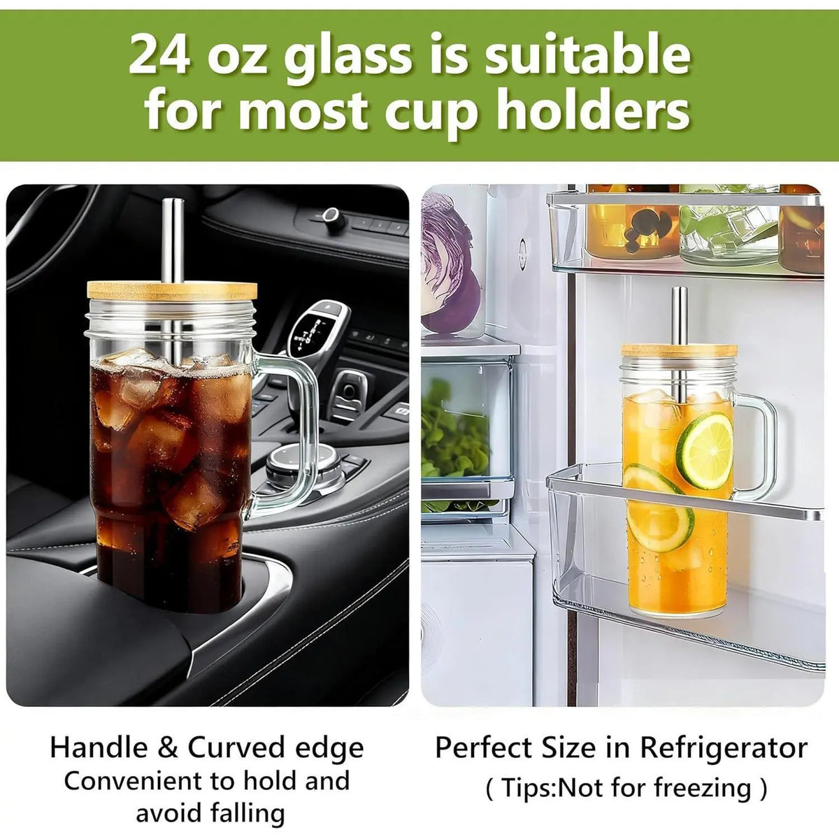 4pcs 24oz Non-Striped Glass Cups with Bamboo Lids, Straws, Glass Body & Handle Grip - Portable Classic Cold Beverage Tumbler, Reusable On-The-Go Kitchen Drinkware, Perfect for Gifts