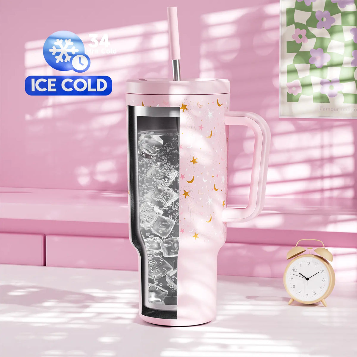 MEOKY 40oz Glow-in-the-Dark Star Print Blush Pink Leakproof Tumbler with Handle - Double Wall Insulated Stainless Steel Vacuum Flask, Non-Slip Base, Car-Friendly BPA-Free, Built-in Straw, Glow Pink Starry, Fun Design #tiktokshopstockup,sohochic