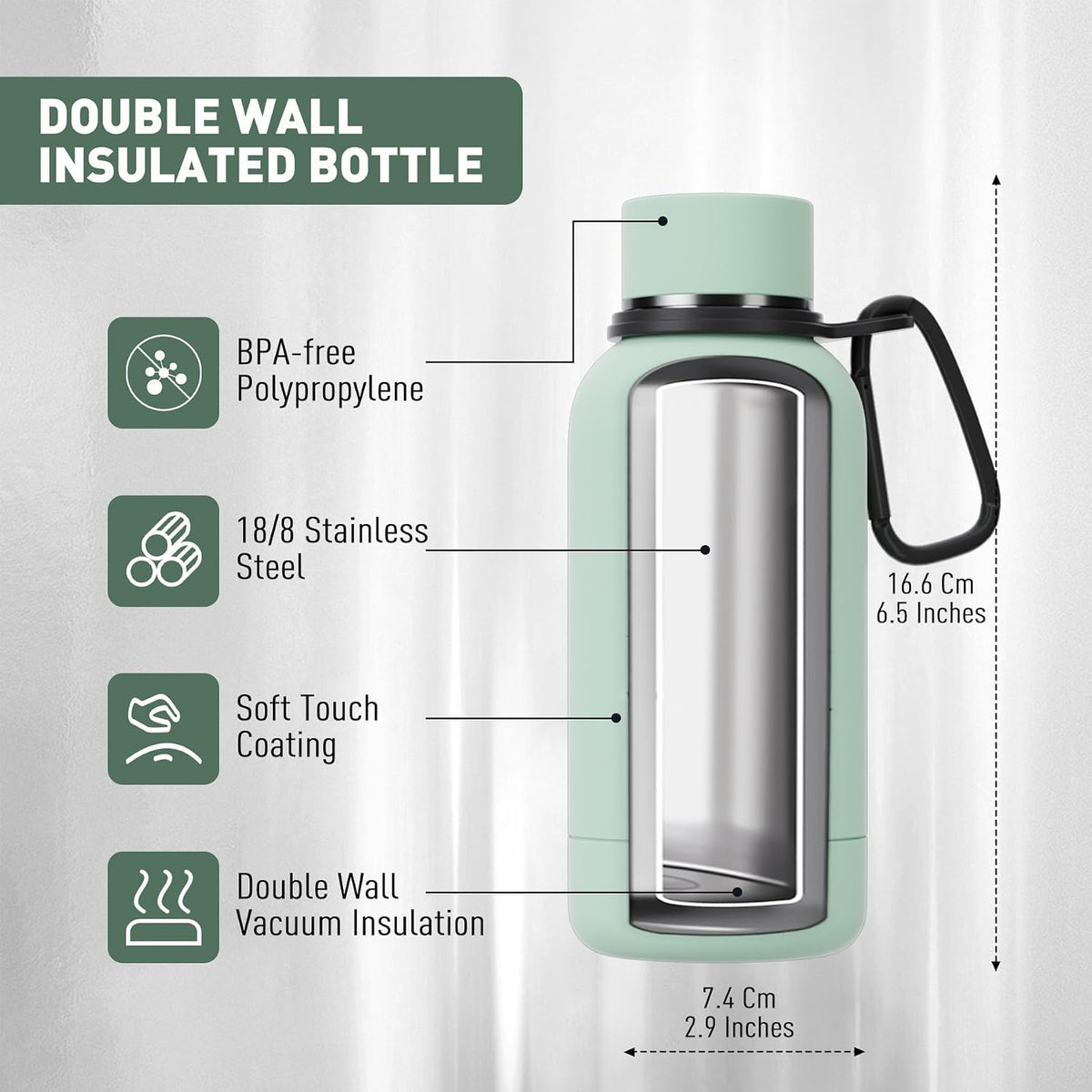 Exllena Small Water Bottle 12oz with Clip, Double Wall Stainless Steel Vacuum Small Insulated Water Bottle Keeps Drinks Cold 24 Hrs/Hot 12 Hrs for Kids Handbag School BPA Free (Mint)