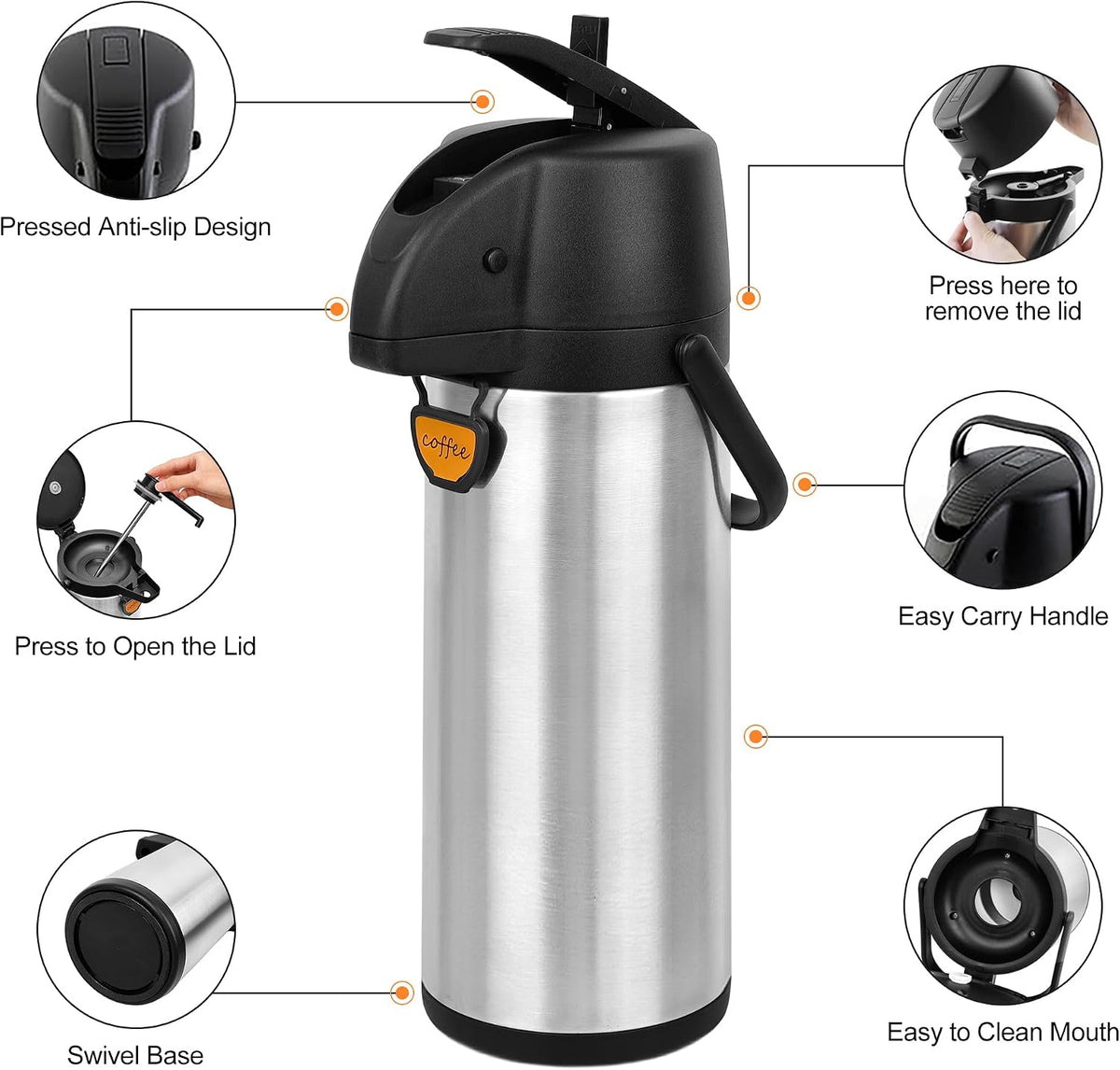 TOMAKEIT Airpot Coffee Dispenser Thermal with Pump,3L/102 Oz Insulated Stainless Steel Large Airpot Coffee Carafe Lever Action for Hot/Cold Water,Thermal Carafe for Hot Cocoa for Parties