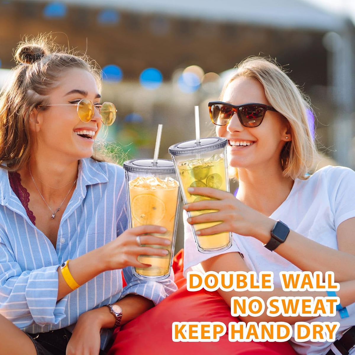 Zukro Clear Double Wall Plastic Tumbler with Lid and Straw 32 oz, 2 Pack
