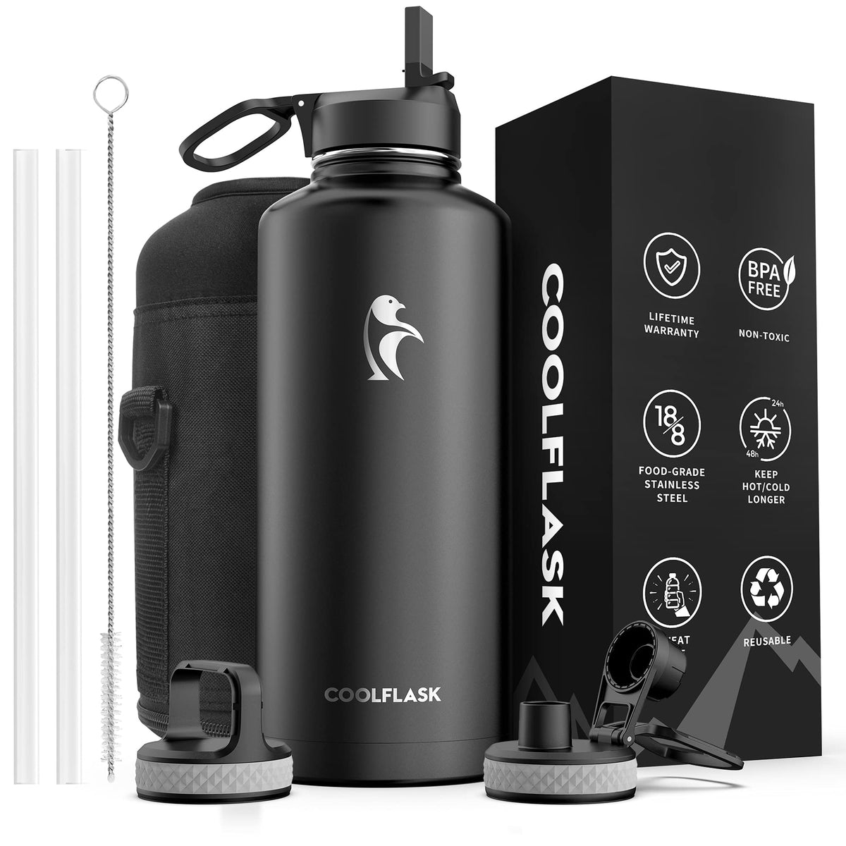 Coolflask Half Gallon Water Bottle Insulated with Straw & 3 Leakproof Lids