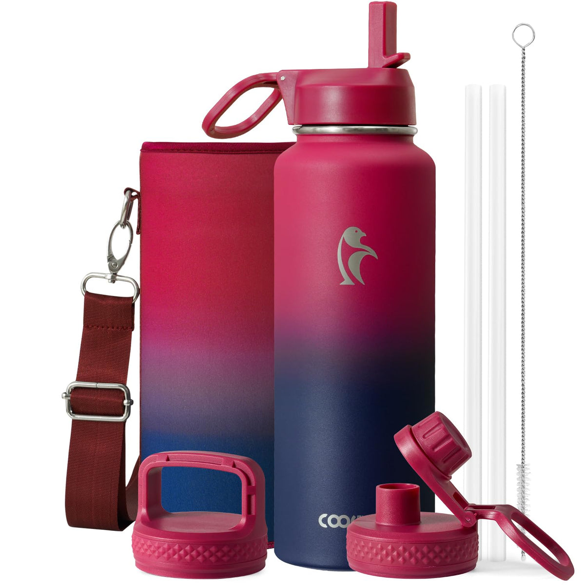 Coolflask 40 oz Water Bottle Insulated with Straw & 3 Leakproof Lids