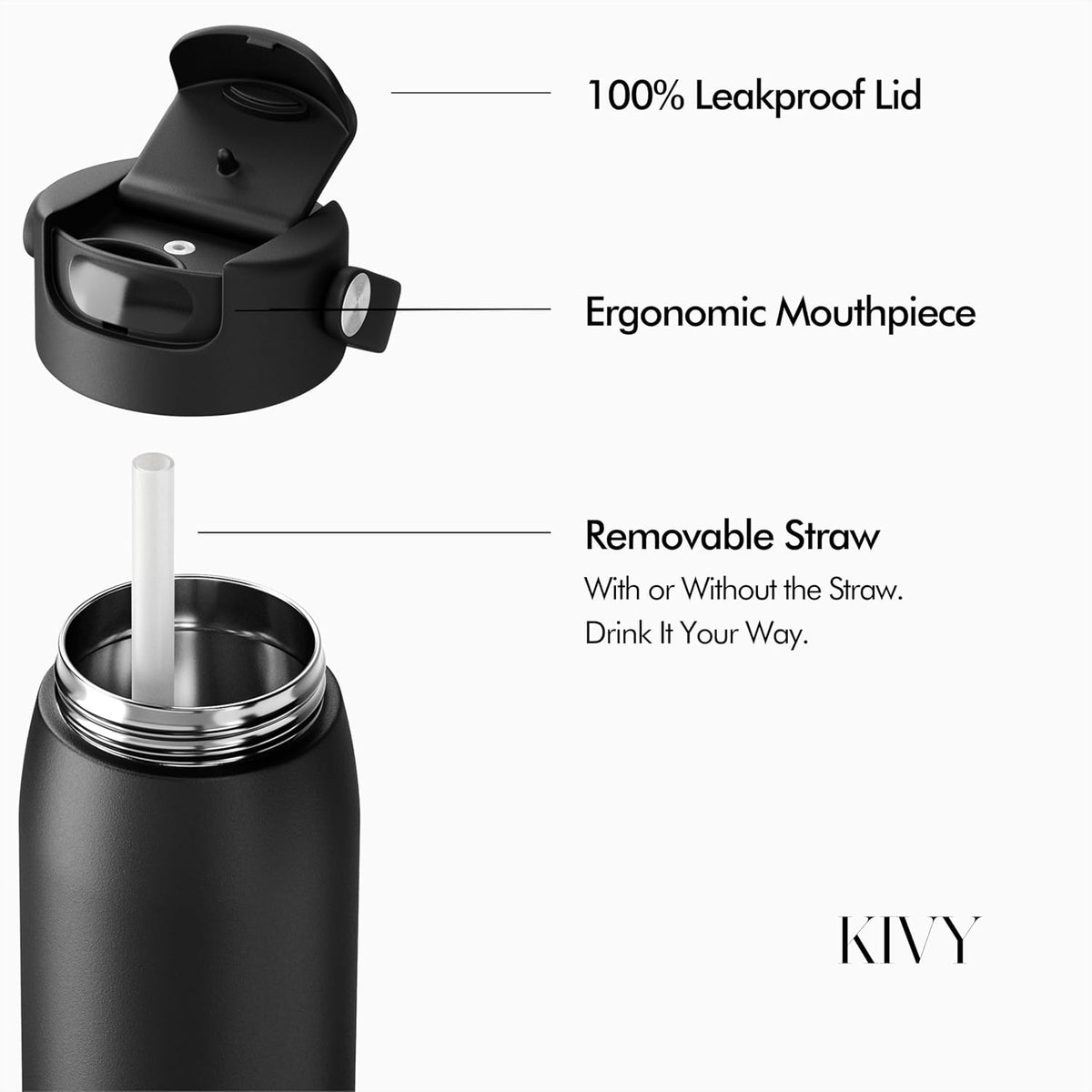 KIVY Stainless Steel Water Bottle With Straw 24oz - 24h Cold | 12h Hot