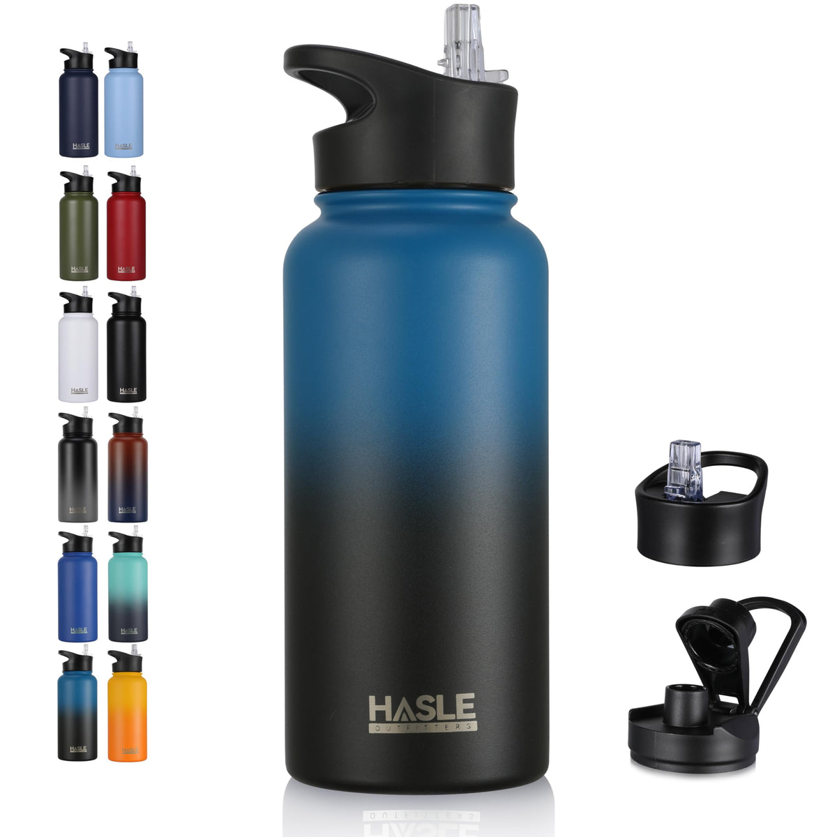 HASLE OUTFITTERS 32 oz Insulated Water Bottle Stainless Steel Double Walled Vacuum Sports Water Bottle with 2 Lids (Straw and Spout Lid) for Gym Camping Hiking(Black,1)