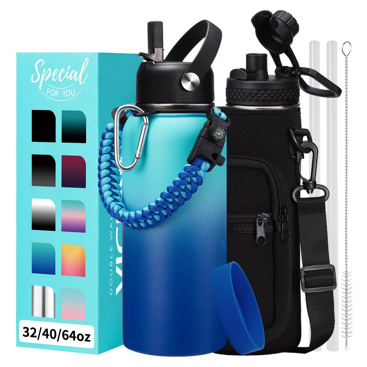 32/40/64OZ Insulated Water Bottle - Keep Cold 48H Hot 24H, Combo Straw/Spout Lids, Paracord Handle for Gym/Hiking, Carrier Bag +Strap, Cup Mat, BPA-Free Stainless Steel Flask Jug