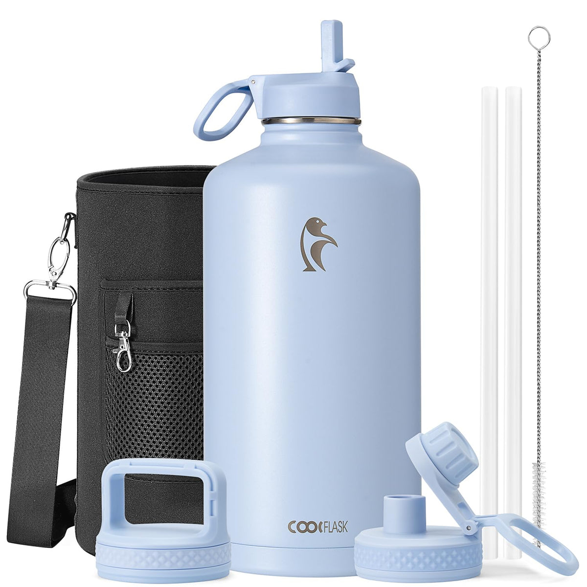 Coolflask Half Gallon Water Bottle Insulated with Straw & 3 Leakproof Lids
