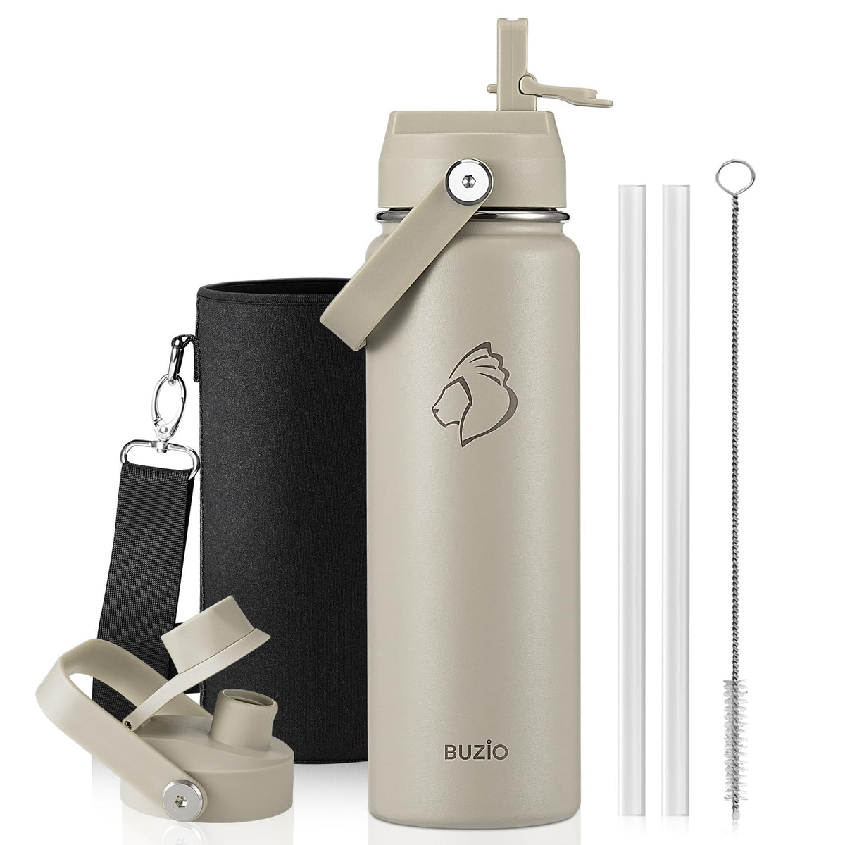 BUZIO 64 oz Insulated Stainless Steel Water Bottle with Dust-proof Lids
