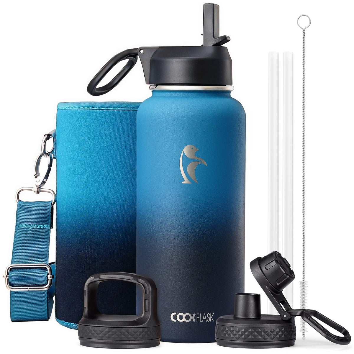 Coolflask Half Gallon Water Bottle Insulated with Straw & 3 Leakproof Lids