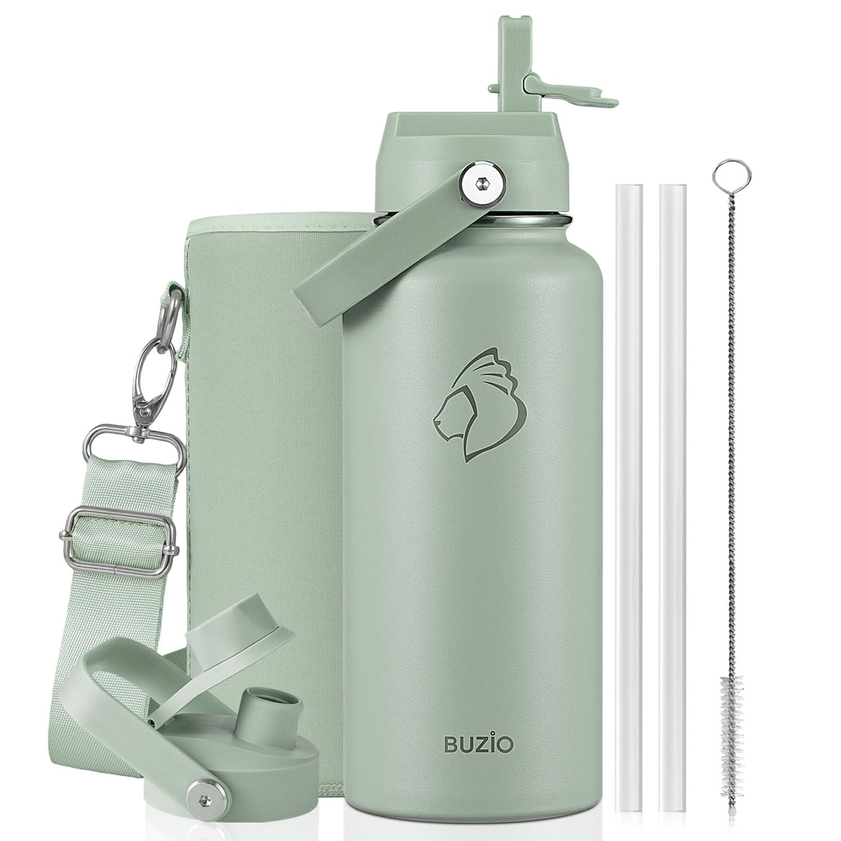 BUZIO 64 oz Insulated Stainless Steel Water Bottle with Dust-proof Lids