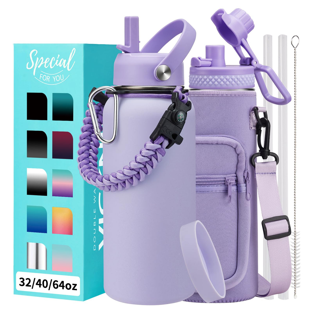 32/40/64OZ Insulated Water Bottle - Keep Cold 48H Hot 24H, Combo Straw/Spout Lids, Paracord Handle for Gym/Hiking, Carrier Bag +Strap, Cup Mat, BPA-Free Stainless Steel Flask Jug