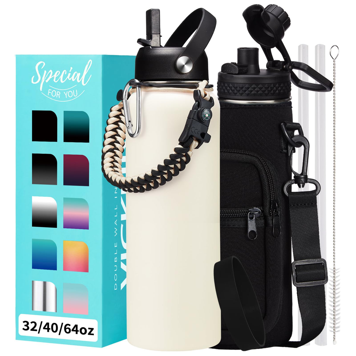 32/40/64OZ Insulated Water Bottle - Keep Cold 48H Hot 24H, Combo Straw/Spout Lids, Paracord Handle for Gym/Hiking, Carrier Bag +Strap, Cup Mat, BPA-Free Stainless Steel Flask Jug