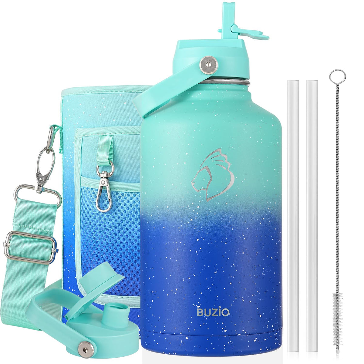 BUZIO 64 oz Insulated Stainless Steel Water Bottle with Dust-proof Lids