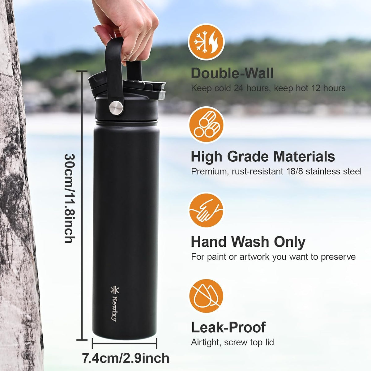 24 oz Insulated Water Bottle, 2-in-1 Lid, Straw & Spout with Protected, Leak Proof, Keep Cold 24H, Cup Holder Fit, Stainless Steel, Metal, Reusable, for Travel, Gym and School, 2 Lids, Midnight Black