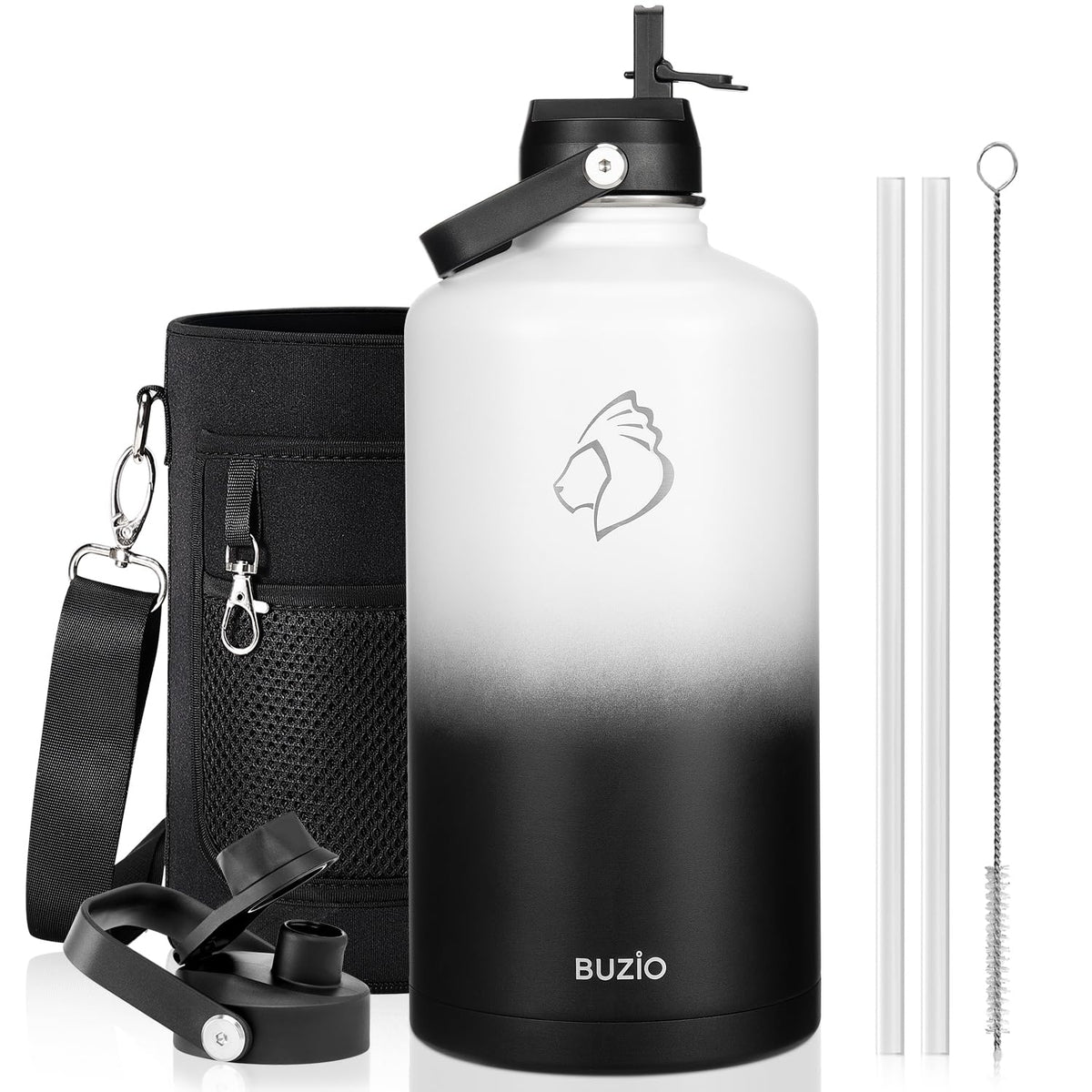 BUZIO 64 oz Insulated Stainless Steel Water Bottle with Dust-proof Lids