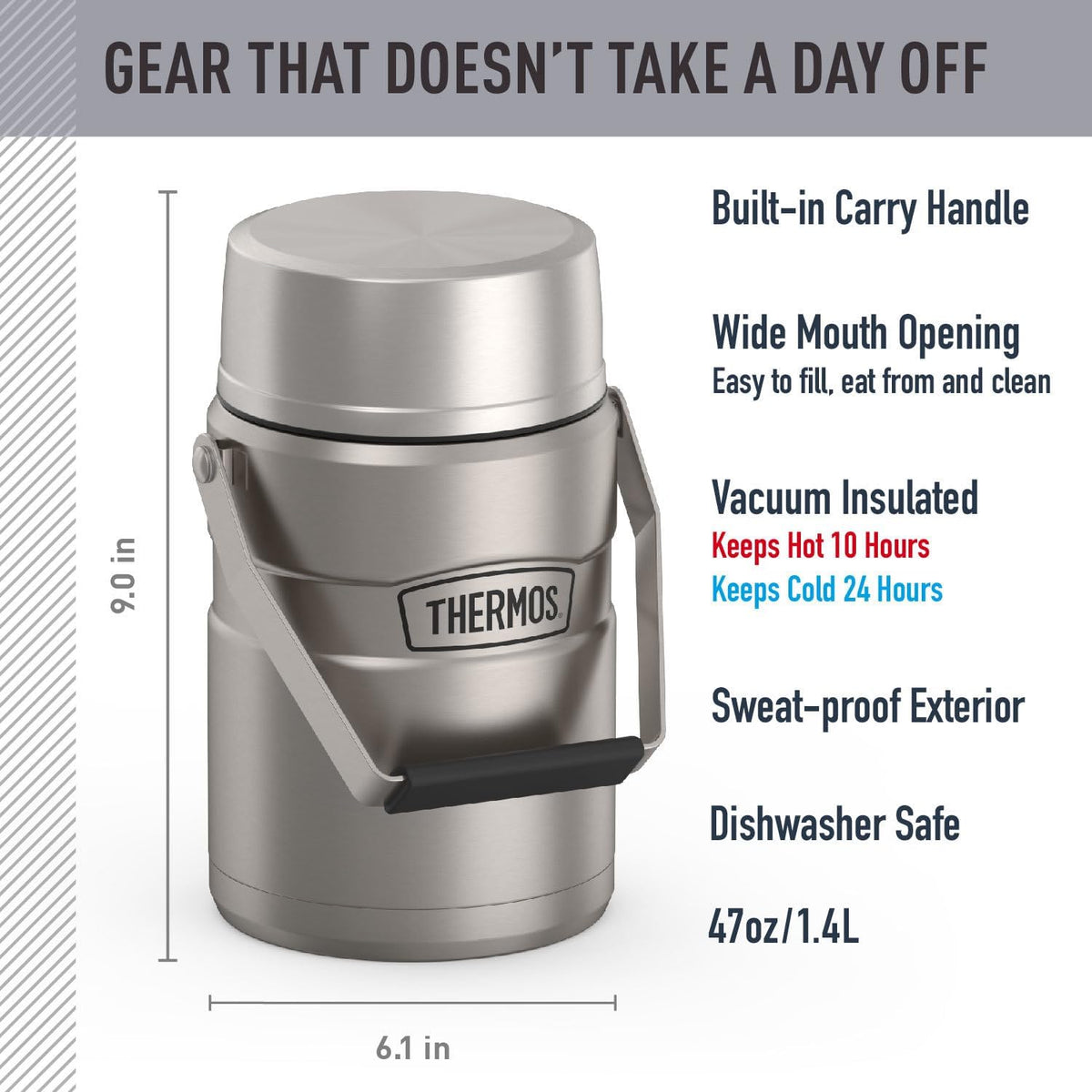 THERMOS Stainless King Food Jar with Handle, 47oz, Matte Stainless Steel
