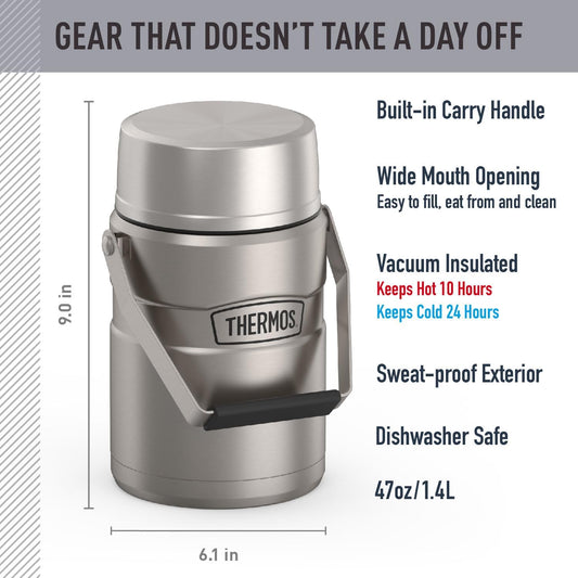 THERMOS Stainless King Food Jar with Handle, 47oz, Matte Stainless Steel
