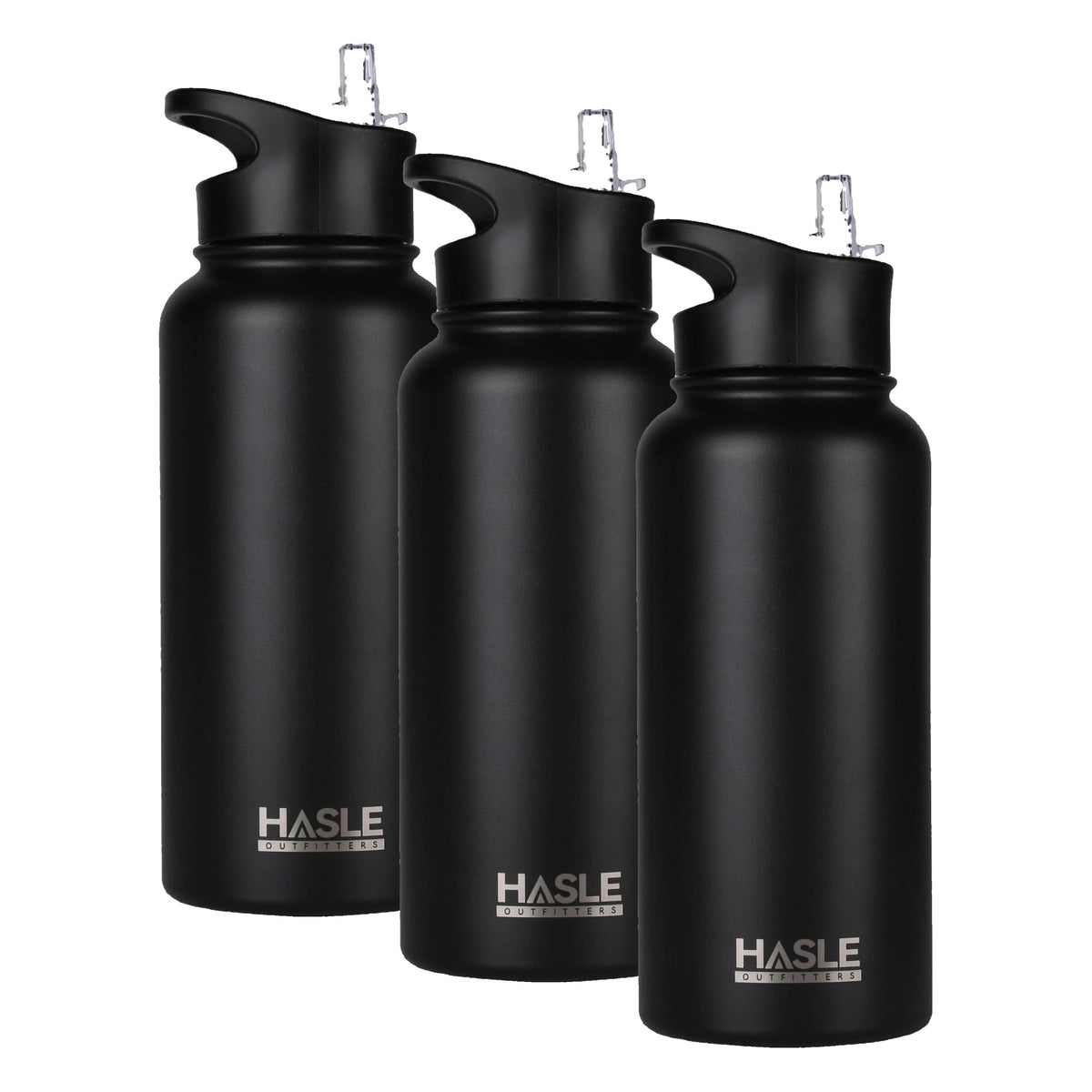 HASLE OUTFITTERS 32 oz Insulated Water Bottle Stainless Steel Double Walled Vacuum Sports Water Bottle with 2 Lids (Straw and Spout Lid) for Gym Camping Hiking(Black,1)