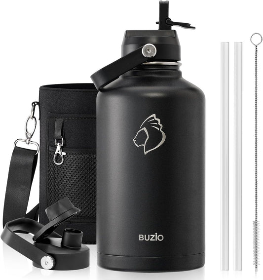 BUZIO 64 oz Insulated Stainless Steel Water Bottle with Dust-proof Lids