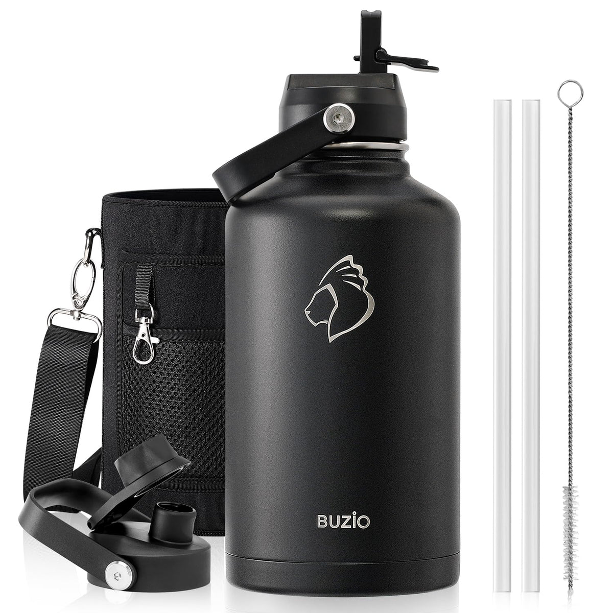 BUZIO 64 oz Insulated Stainless Steel Water Bottle with Dust-proof Lids
