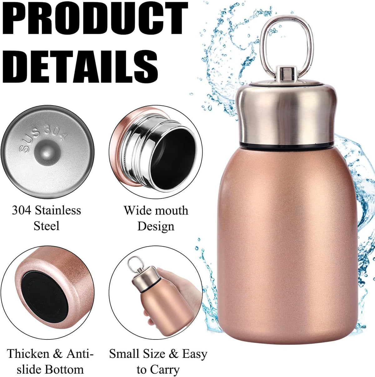 Stainless Steel Mini Vacuum Insulated Water Bottle for Hot & Cold Drinks, Travel Coffee Cup 10.2oz/300ml (Gold)