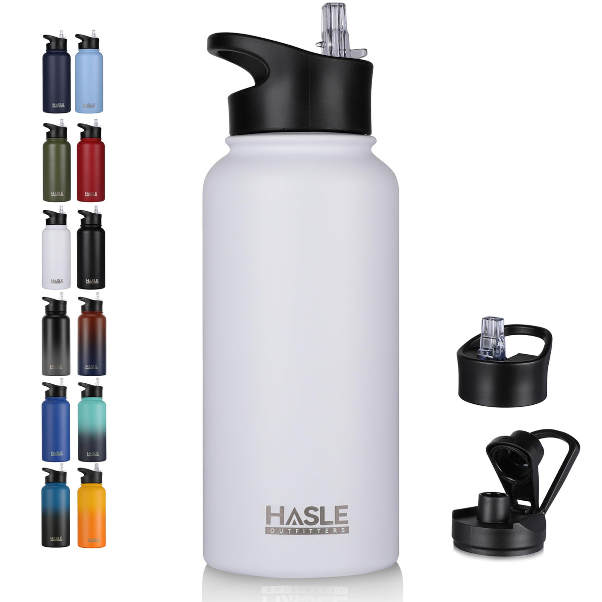 HASLE OUTFITTERS 32 oz Insulated Water Bottle Stainless Steel Double Walled Vacuum Sports Water Bottle with 2 Lids (Straw and Spout Lid) for Gym Camping Hiking(Black,1)