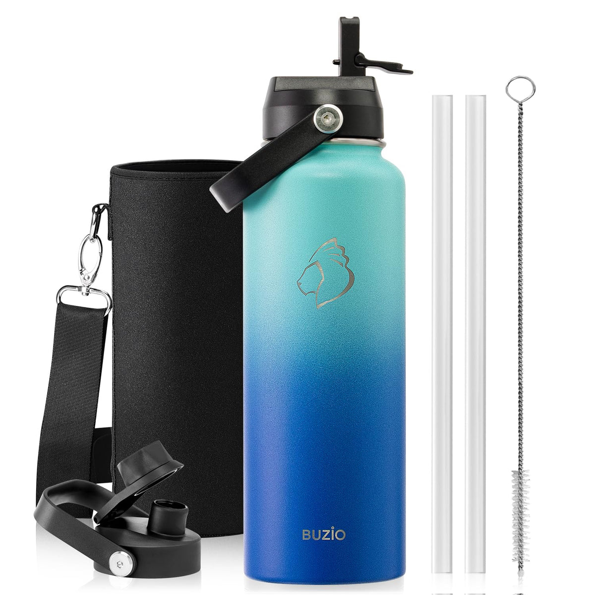 BUZIO 64 oz Insulated Stainless Steel Water Bottle with Dust-proof Lids
