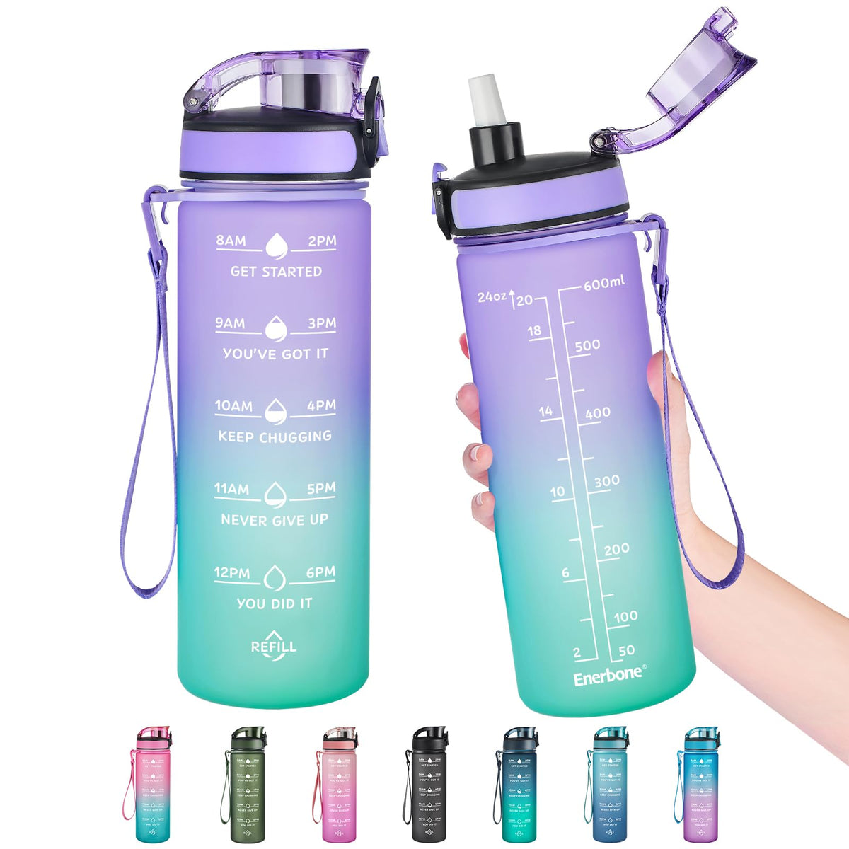Enerbone Water Bottle, Leakproof BPA & Toxic Free, Motivational Water Bottle with Times to Drink and Straw, Fitness Sports Water Bottle with Strap for Office, Gym, Outdoor Sports