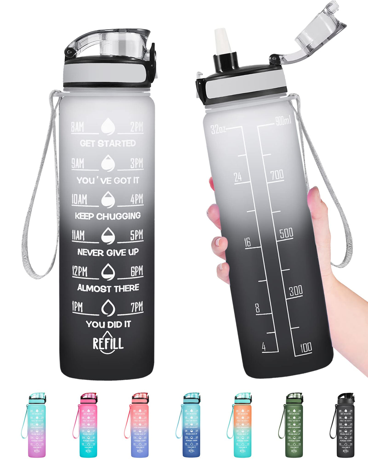 Enerbone Water Bottle, Leakproof BPA & Toxic Free, Motivational Water Bottle with Times to Drink and Straw, Fitness Sports Water Bottle with Strap for Office, Gym, Outdoor Sports