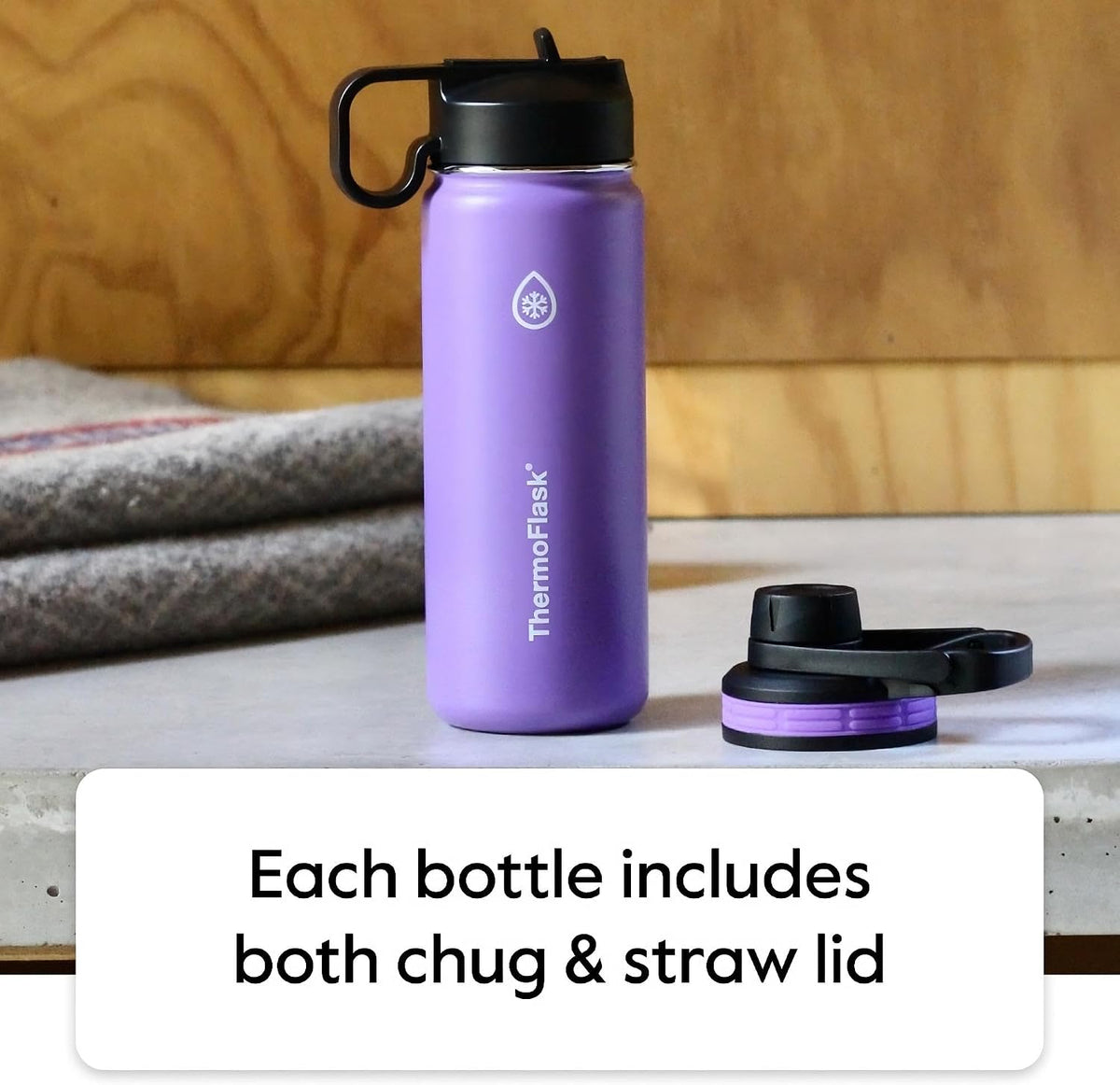 ThermoFlask 24 oz Double Wall Vacuum Insulated Stainless Steel Water Bottle - Reusable with Leakproof Chug & Straw Lids - Keeps Drinks Cold 24 hr/Hot 12 hr - Easy Maintenance - Gym/On-the-Go, Plum
