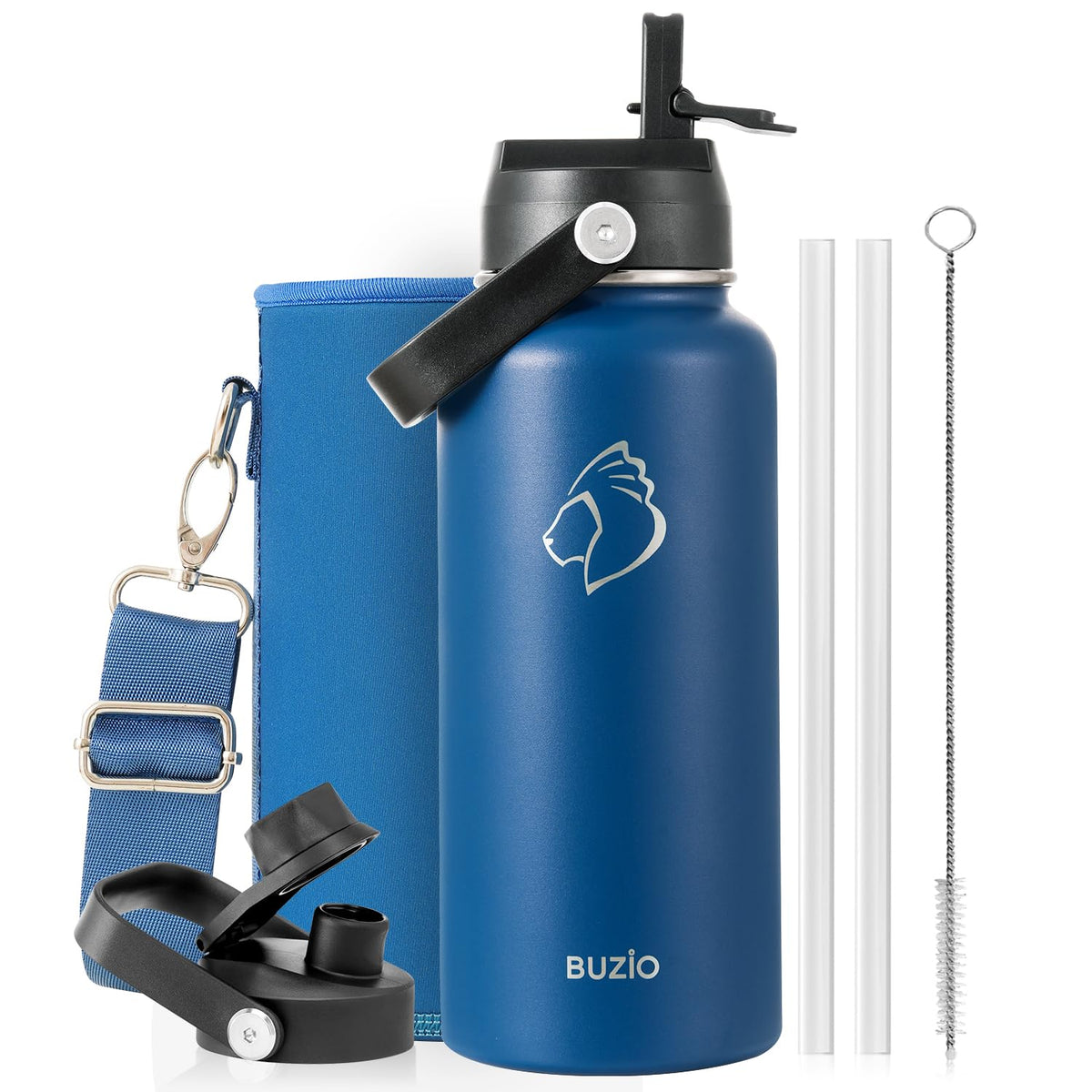 BUZIO 64 oz Insulated Stainless Steel Water Bottle with Dust-proof Lids