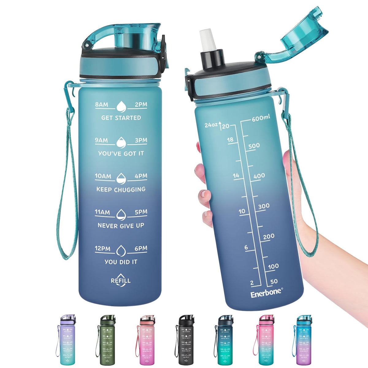 Enerbone Water Bottle, Leakproof BPA & Toxic Free, Motivational Water Bottle with Times to Drink and Straw, Fitness Sports Water Bottle with Strap for Office, Gym, Outdoor Sports