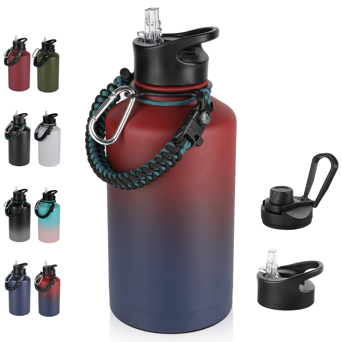 40 oz Insulated Water Bottle with Straw, Stainless Steel Sports Water Bottles with 2 Lids (Straw and Wide Mouth lid), Double Wall Vacuum, Leakproof, BPA-Free, Black