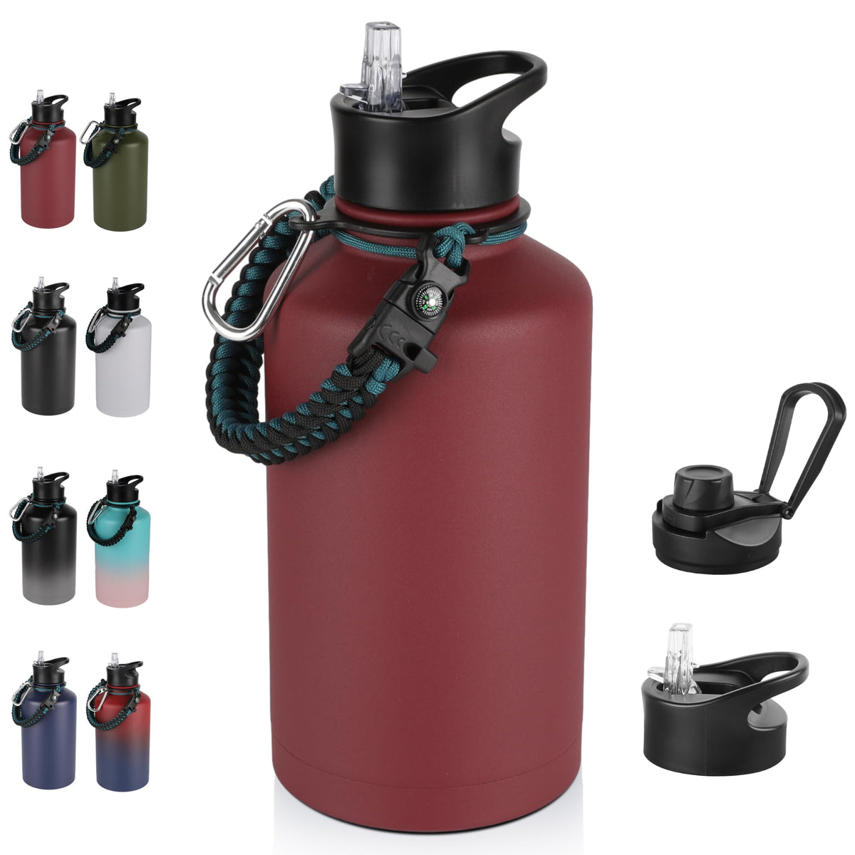 40 oz Insulated Water Bottle with Straw, Stainless Steel Sports Water Bottles with 2 Lids (Straw and Wide Mouth lid), Double Wall Vacuum, Leakproof, BPA-Free, Black