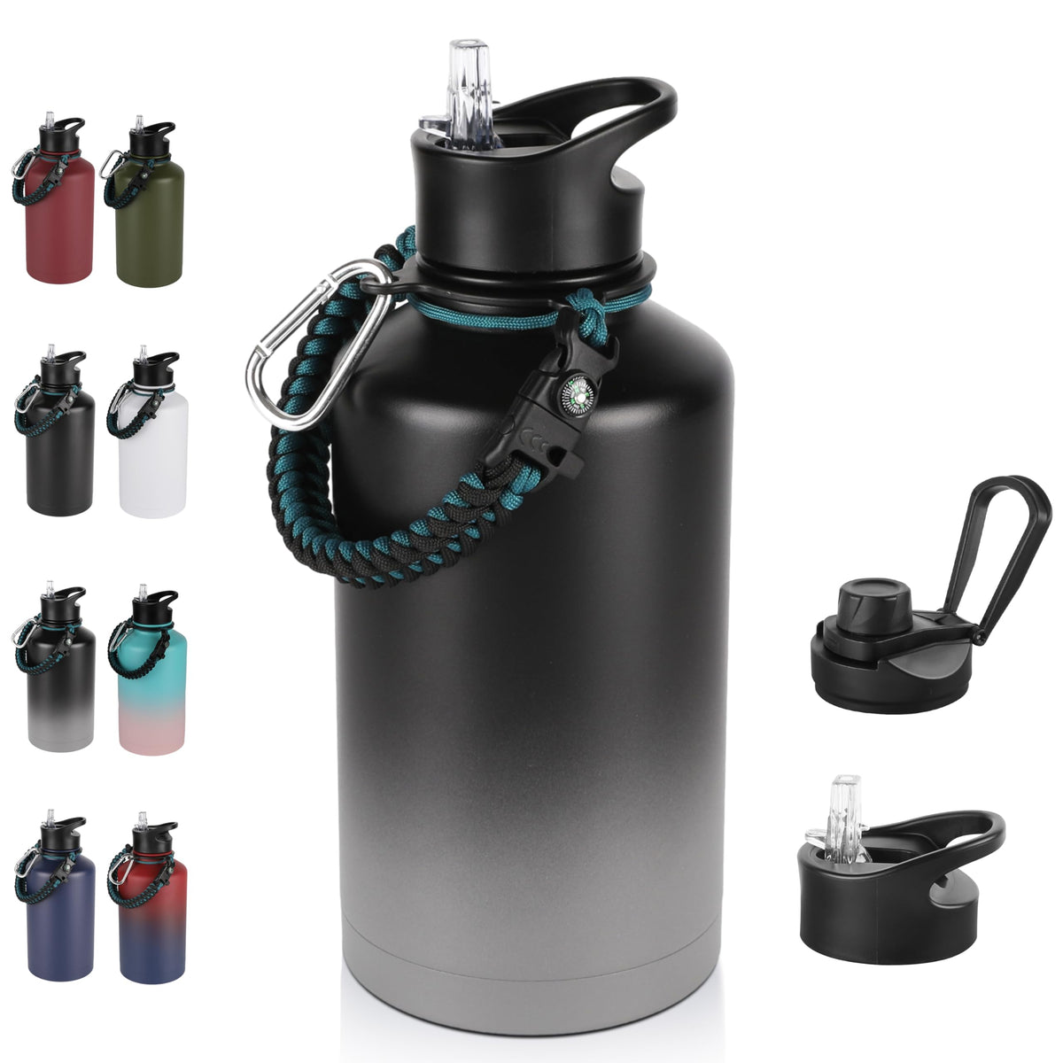 40 oz Insulated Water Bottle with Straw, Stainless Steel Sports Water Bottles with 2 Lids (Straw and Wide Mouth lid), Double Wall Vacuum, Leakproof, BPA-Free, Black