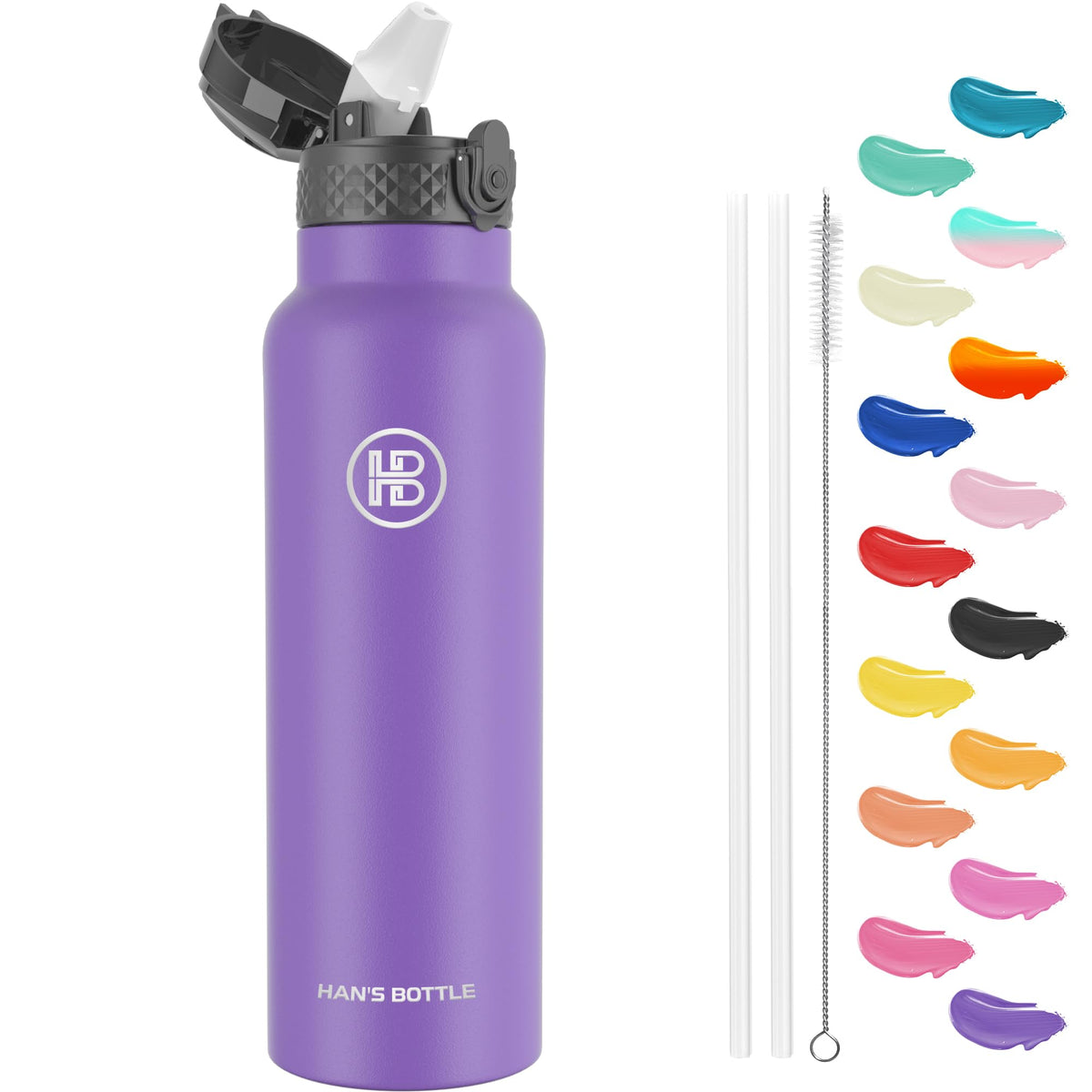 Han's Bottle Sports Water Bottle - 24 Oz, Straw Lid, Leak Proof, Vacuum Insulated Stainless Steel, Double Walled, Thermo Mug,Black