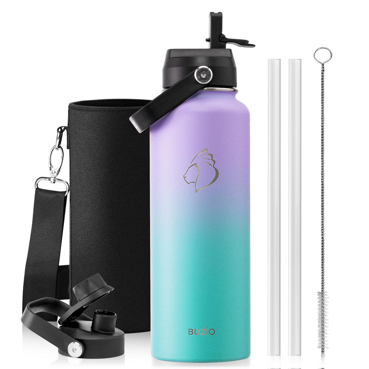 BUZIO 64 oz Insulated Stainless Steel Water Bottle with Dust-proof Lids