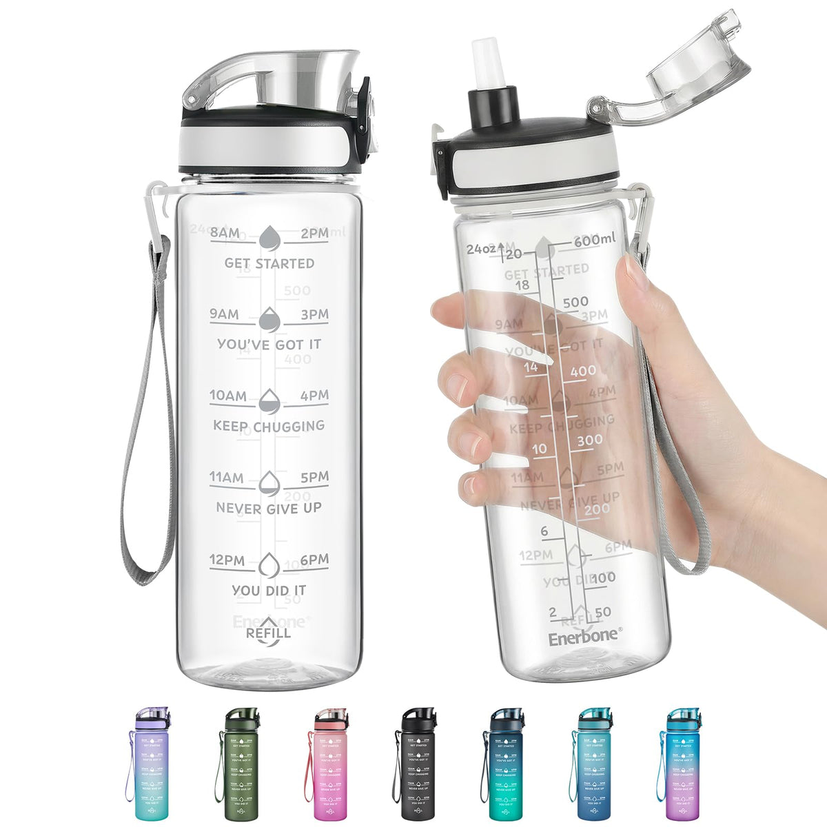 Enerbone Water Bottle, Leakproof BPA & Toxic Free, Motivational Water Bottle with Times to Drink and Straw, Fitness Sports Water Bottle with Strap for Office, Gym, Outdoor Sports