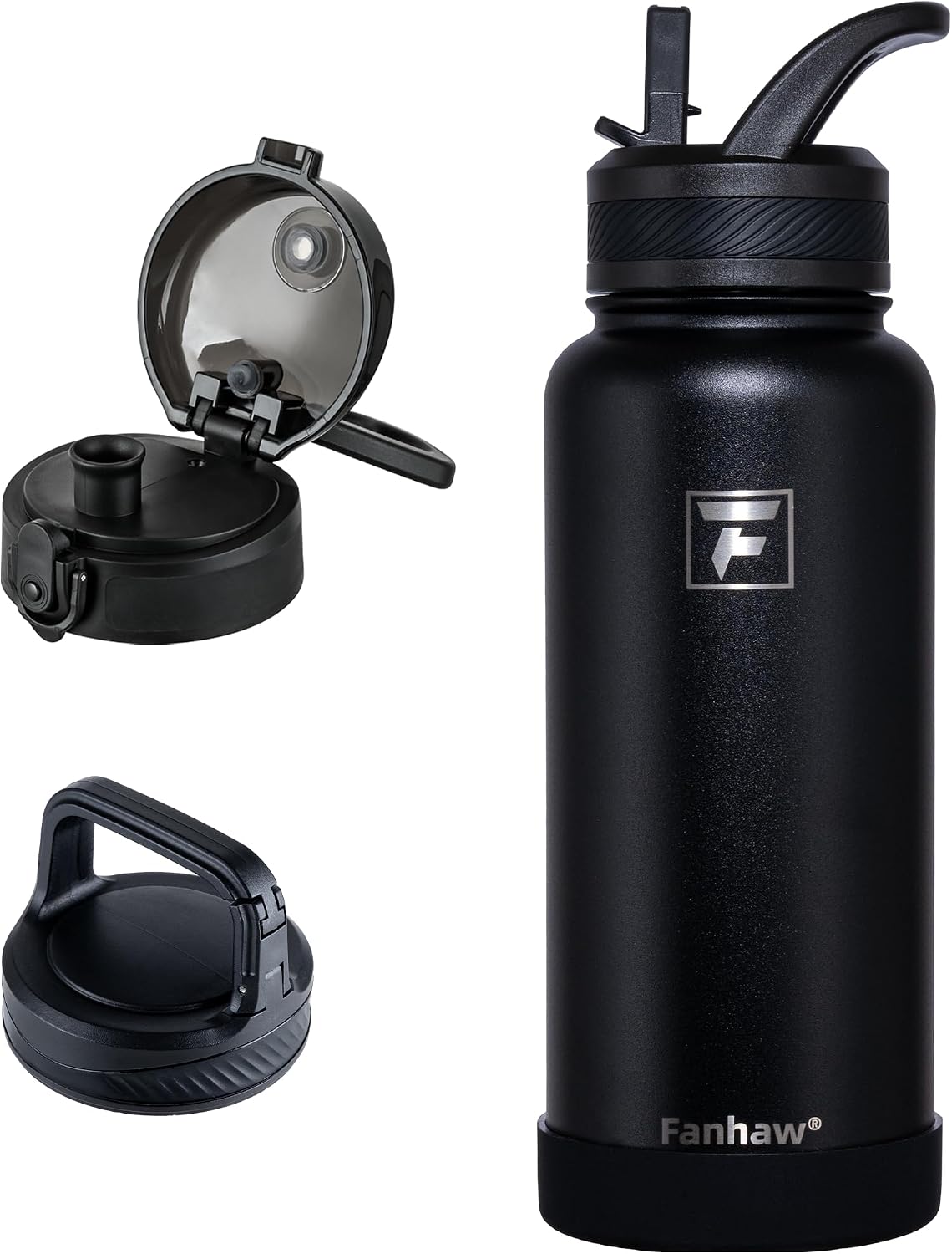 Fanhaw 32 oz Insulated Water Bottle – Portable Stainless Steel Flask with 3 Lids (Straw, Chug, Carabiner) | Leakproof, for Gym, Hiking, Work, Travel & Everyday Use (Black)