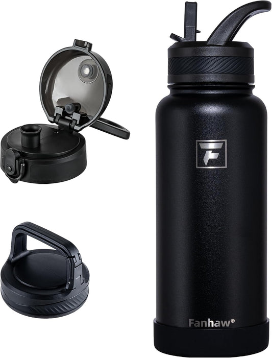 Fanhaw 32 oz Insulated Water Bottle – Portable Stainless Steel Flask with 3 Lids (Straw, Chug, Carabiner) | Leakproof, for Gym, Hiking, Work, Travel & Everyday Use (Black)